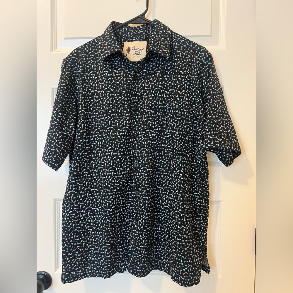 Vintage Silk Retro Black and blue Button-Down Shirt.  100% Silk